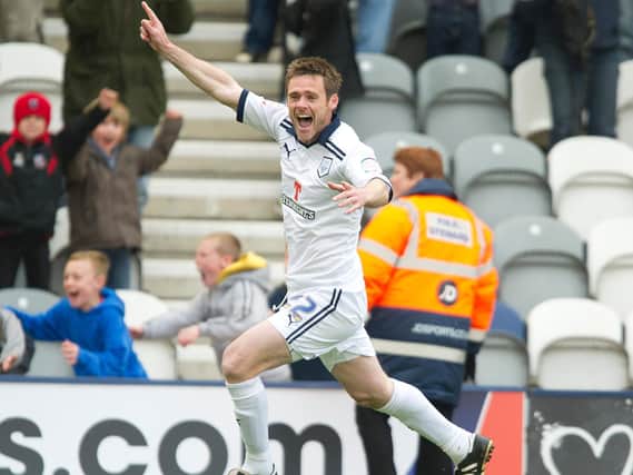 Graham Alexander celebrates after scoring with the last kick of his career for Preston against Charlton at Deepdale in April 2012