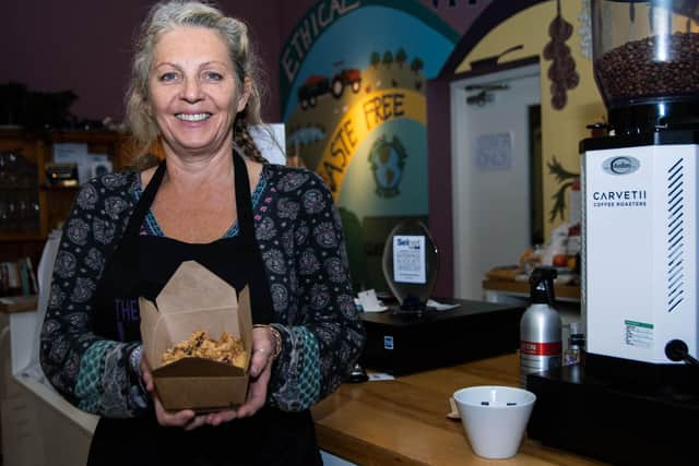 Kay Johnson pictured with a portion of freshly made food for those struggling to make meals during the Coronavirus crisis