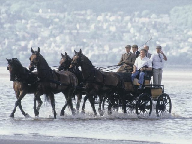 Duke of Edinburgh competes in the Holker Hall Carriage Driving Trials across Morecambe Bay on May 30,1985.