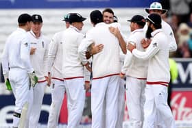 England's James Anderson celebrates after taking his 400th test wicket against New Zealand on May 29, 2015
