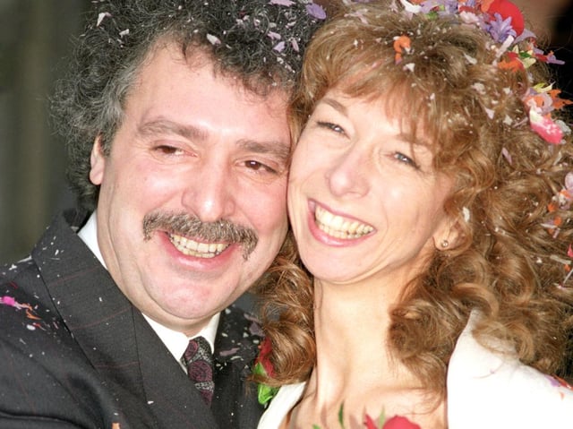 Michael Angelis on his wedding day to his then wife actress Helen Worth. The long-term narrator of Thomas the Tank Engine series Thomas & Friends, died at home on Saturday aged 76, his agent said.