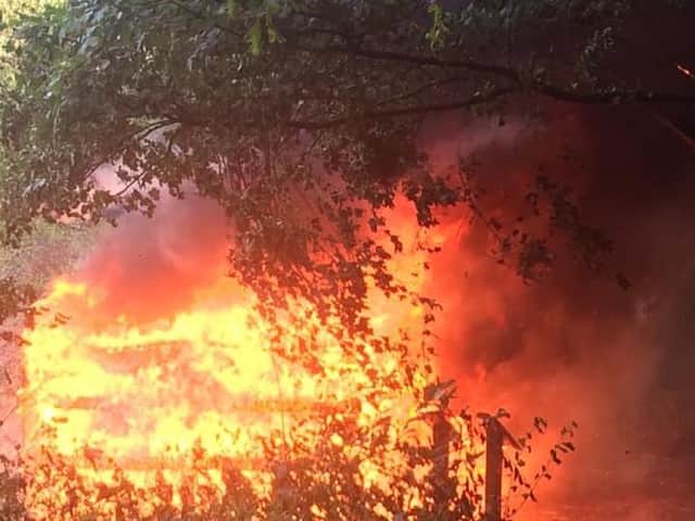The fire at the viewing platform overlooking the duck pond in Walton Park, Lostock Hall yesterday afternoon (June 1). Pic credit: Chris Handley