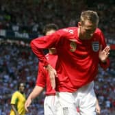 England's Peter Crouch celebrating his second goal during the friendly international against Jamaica at Old Trafford