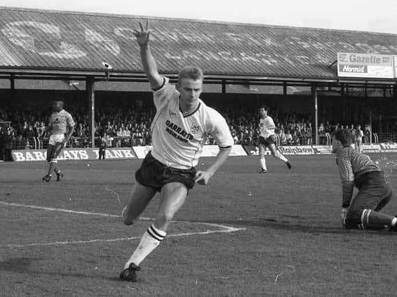 Graham Shaw celebrates giving Preston North End the lead against Blackpool at Bloomfield Road on March 10, 1990