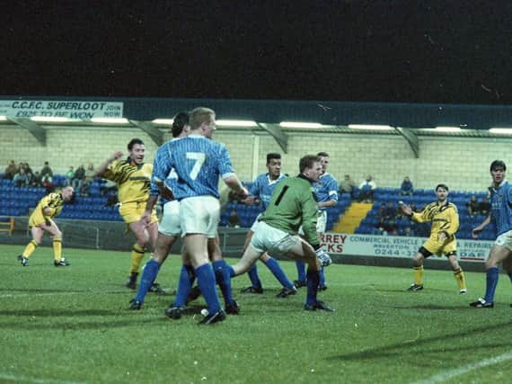 Mickey Norbury, far left, volleys Preston North End in front at Chester in January 1993