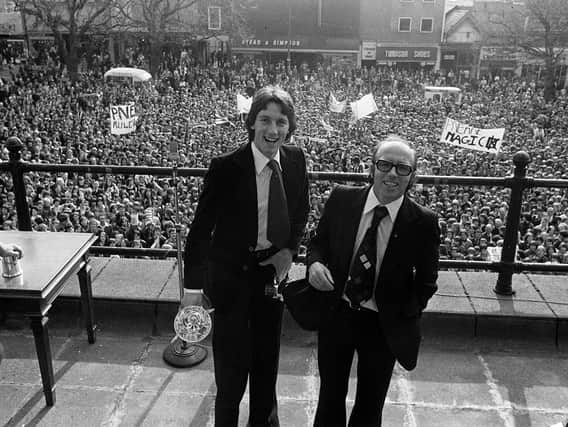Preston North End manager Nobby Stiles and captain Mike Elwiss on the Harris Museum balcony at the Civic Reception given to PNE in recognition of their promotion