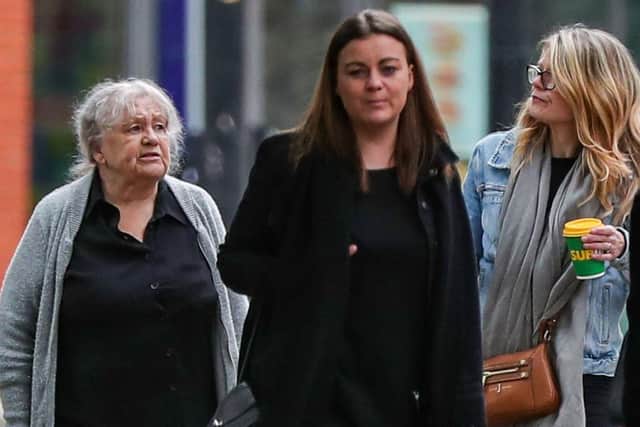 Christina Pomfrey (left), 65, and Aimee Brown (centre left), 34, arrive at Minshull Street Crown Court in Manchester