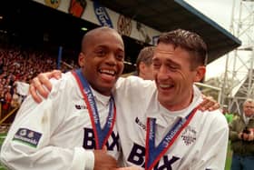 David Eyres and Mark Rankine celebrate Preston North End's Second Division title win in 2000