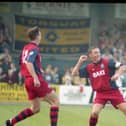 Preston skipper Ian Bryson celebrates scoring his second and PNE's fourth goal against Torquay at Plainmoor in October 1995