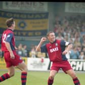 Preston skipper Ian Bryson celebrates scoring his second and PNE's fourth goal against Torquay at Plainmoor in October 1995
