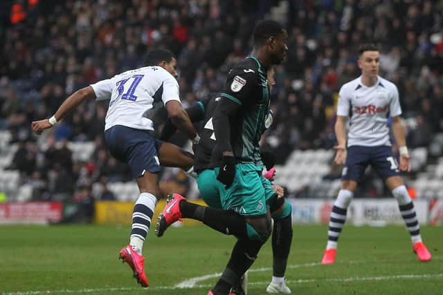 Scott Sinclair scores for PNE against Swansea at Deepdale in February