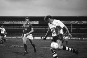 Preston striker John Thomas has a shot in the 1-0 win over Wrexham in March 1986 at Deepdale