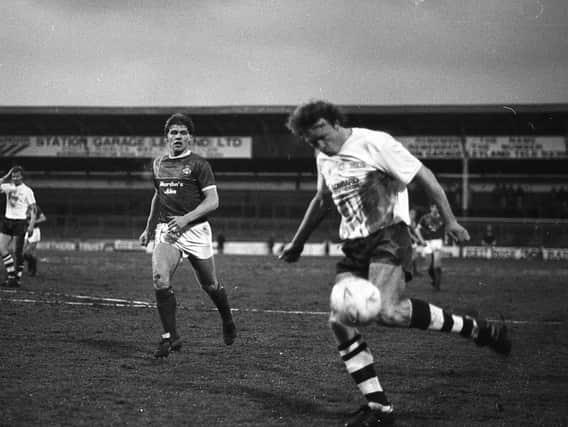 Preston striker John Thomas has a shot in the 1-0 win over Wrexham in March 1986 at Deepdale
