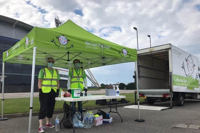 One of three drive-through donation stations set up by Derian House Childrens Hospice, where people dropped off more than 2,000 bags of goods for the hospices charity shops in just one day. The shops were due to reopen on Monday, June 15, as lockdown was eased during the Covid-19 pandemic