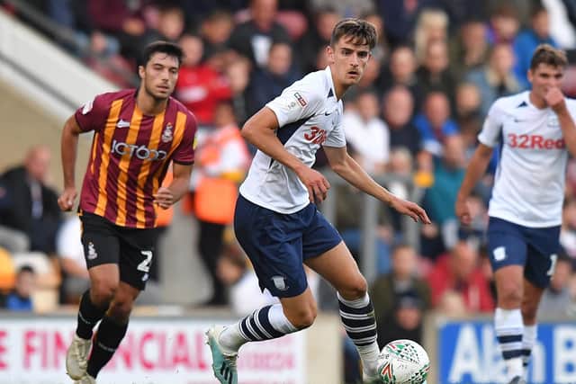 Tom Bayliss in action for Preston against Bradford earlier in the season