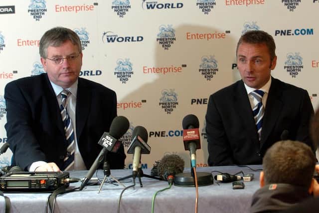 PNE chairman Derek Shaw (left) and Paul Simpson at the press conference to announce him as North End manager