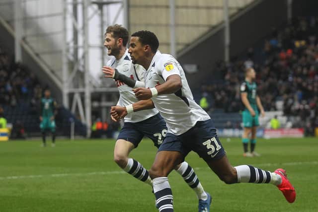 Scott Sinclair celebrates scoring for PNE against Swansea in February