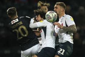 Preston North End's Ben Pearson and Patrick Bauer challenge Luton's George Moncur when the teams met at Deepdale in December 2019