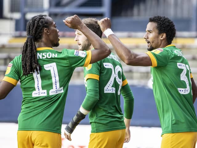 Scott Sinclair (right) is congratulated by Daniel Johnson after giving Preston North End the lead at Luton