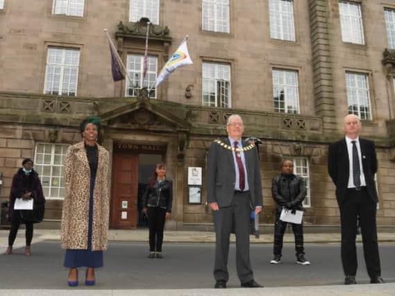 The Mayor, Coun David Borrow, with Glenda Andrew and council leader Coun Matthew Brown.