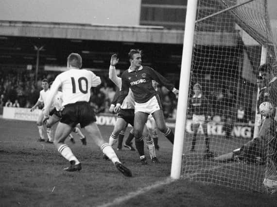 Graham Shaw scores Preston North End's second goal against Crewe at Gresty Road on Boxing Day 1990