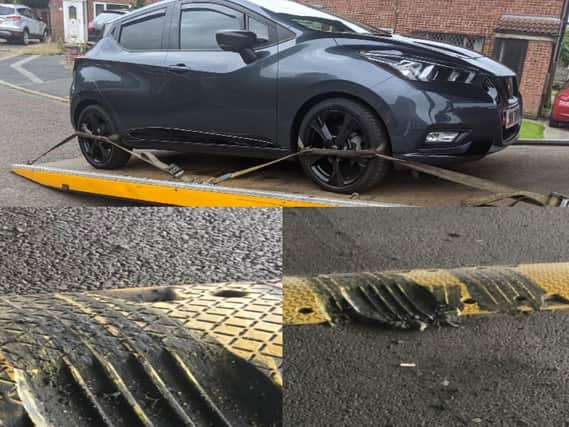 This car has been seized and its driver is under investigation for criminal damage after a speed bump was damaged by 'wheel spinning' in Friday Street car park