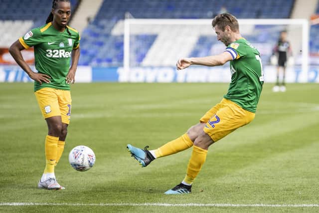 Paul Gallagher takes a free-kick in PNE's 1-1 draw at Luton