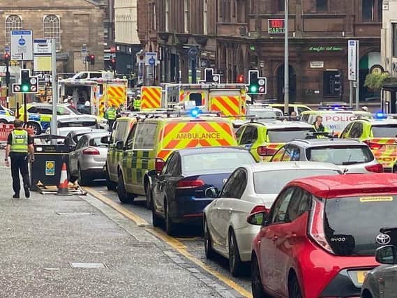 Photo taken with permission from the Twitter feed of @JATV_scotland of police presence in West George Street, Glasgow, as a serious police incident has closed roads in the city centre. Credit: PA PICTURE DESK