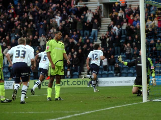 Sean St Ledger gives Preston the lead against Derby at Deepdale on Boxing Day 2008