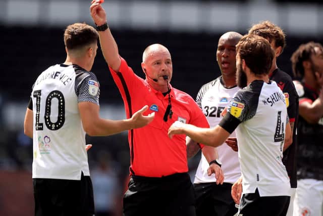 Derby's Tom Lawrence is sent-off after the final whistle against Reading on Saturday