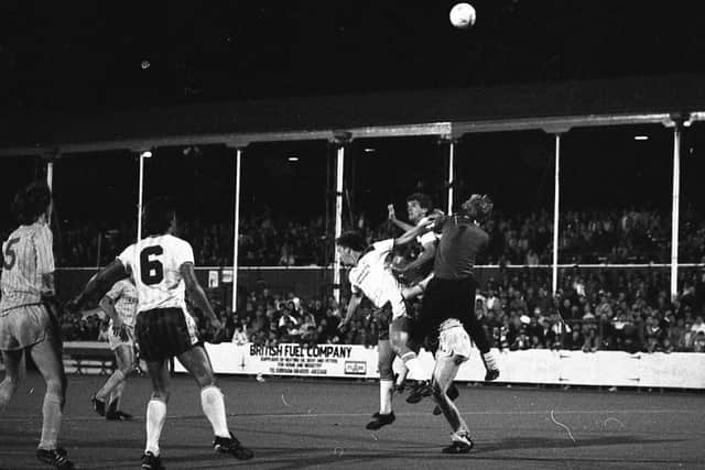 Goalmouth action from PNE's clash with Halifax in September 1986