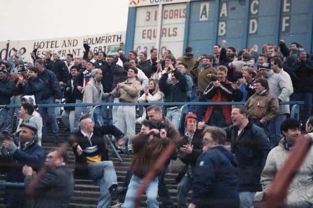 PNE fans celebrate at Huddersfield in February 1992