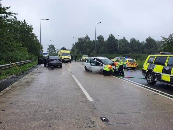 The crash happened near the Walton Summit M65/M61 interchange this afternoon (July 4). Pic: Lancashire Police
