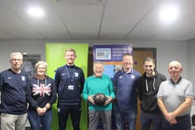 (From left) Martin Atherton, Bev Taylor, Alistair White, former PNE players Eric Jones, David Lockley, Tom Birkett, and Stephen Whittle.