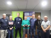 (From left) Martin Atherton, Bev Taylor, Alistair White, former PNE players Eric Jones, David Lockley, Tom Birkett, and Stephen Whittle.