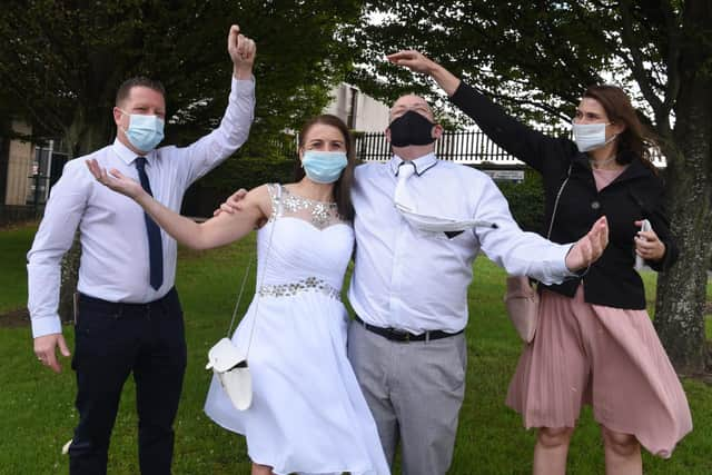 Joan Webber and Adrian Cook were the first couple to be married at Preston Registry Office post lock-down.They are pictured with best man Mark Pattinson and maid of honour Mary Webber. (photo: Neil Cross)