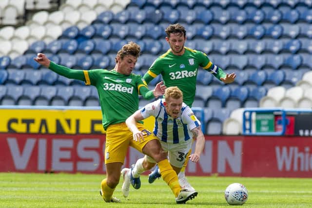 Ryan Ledson makes a tackle during Preston North End's goalless draw at Huddersfield