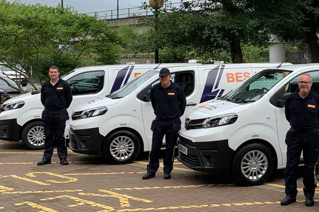 Left to right, Alvin Santos, Tony Clarke, Vilmos Schwarcz and Pete Sowerby with their new vans at BES Utilities