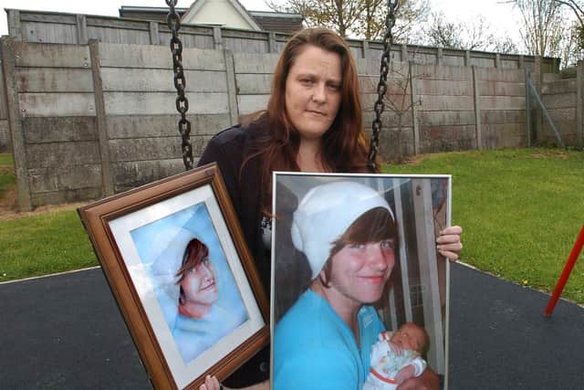 Mum Beckie Ramsay with pictures of her son Dylan