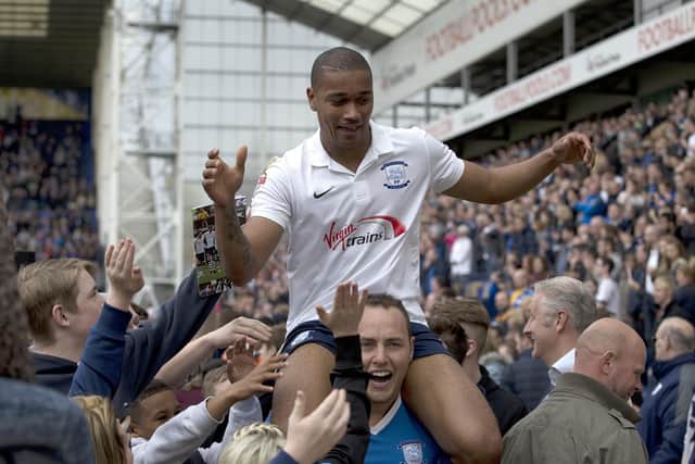 Chris Humphrey is carried shoulder-high by PNE fans after the play-off semi-final win over Chesterfield in May 2015