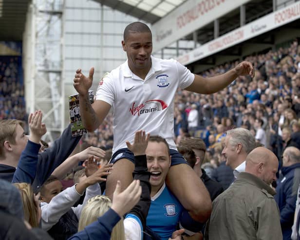 Chris Humphrey is carried shoulder-high by PNE fans after the play-off semi-final win over Chesterfield in May 2015