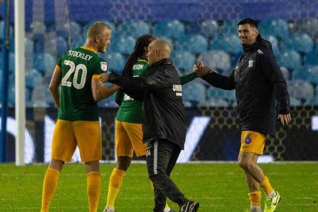Jayden Stockley is congratulated by PNE manager Alex Neil