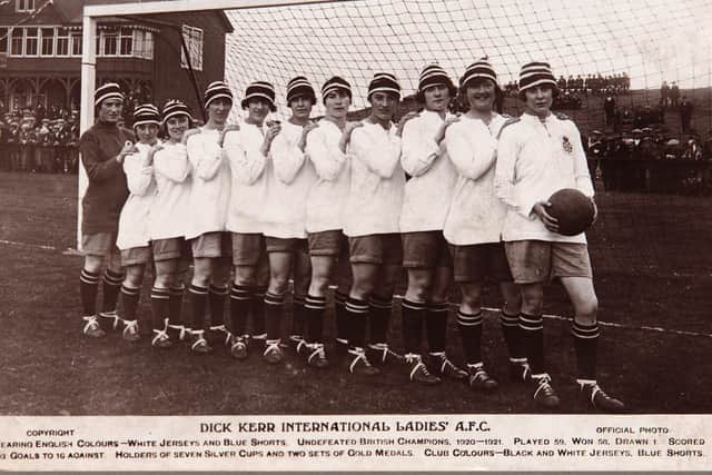 Dick, Kerr Ladies team with Lily Parr pictured right holding a football