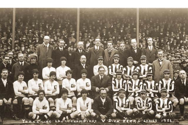 Dick, Kerr Ladies football team, right, line up alongside rivals from Yorkshire Ladies. Lily Parr is pictured on the centre row at the far right