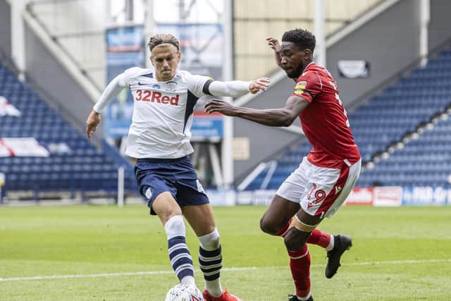 Preston midfielder Brad Potts looks for a way past Nottingham Forest's Sammy Amoebi
