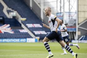 Jayden Stockley celebrates scoring at Deepdale.