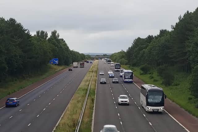 The coach convoy heading to Blackpool via the M55 today (July 14)