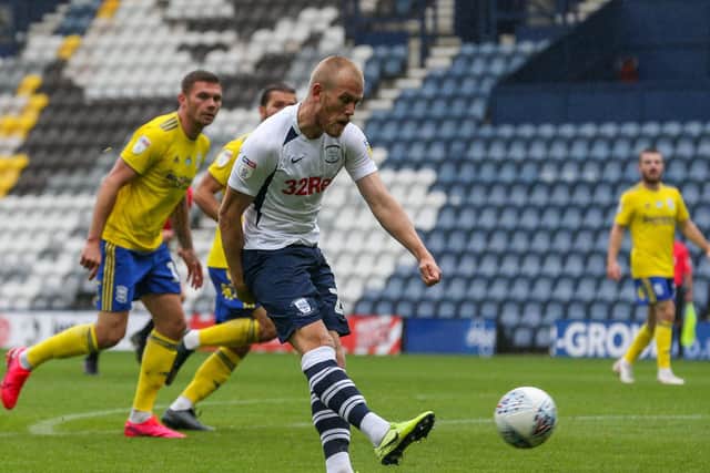 Jayden Stockley fires an early shot over the bar in PNE's clash with Birmingham