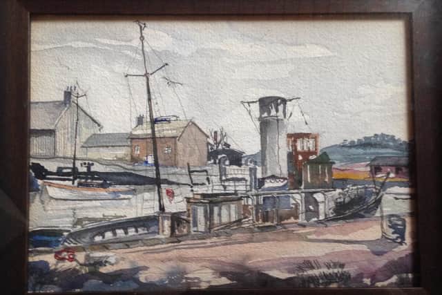 Watercolour painting of Glasson Docks, painted in 1954 by John Whalley