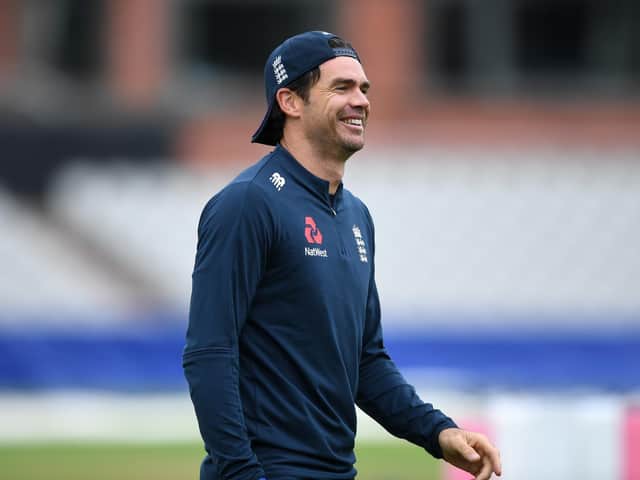 James Anderson of England looks on during a England Nets Session at Emirates Old Trafford on July 22